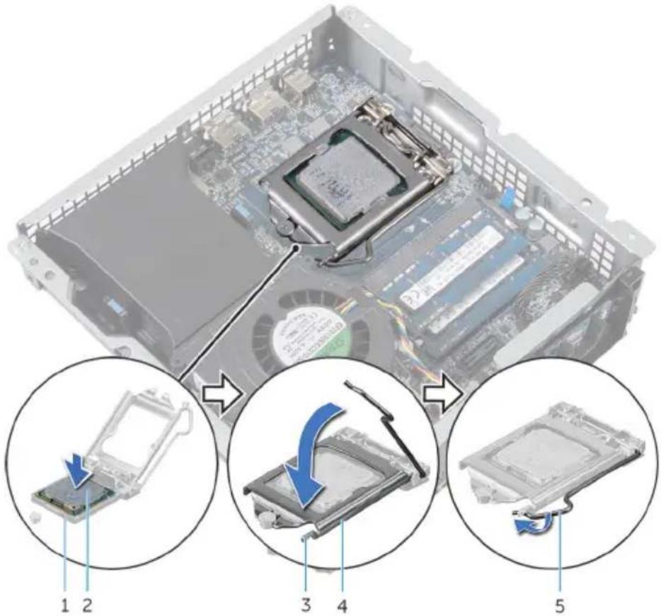 Diagram showing computer motherboard components with numbered parts and blue arrows indicating assembly steps