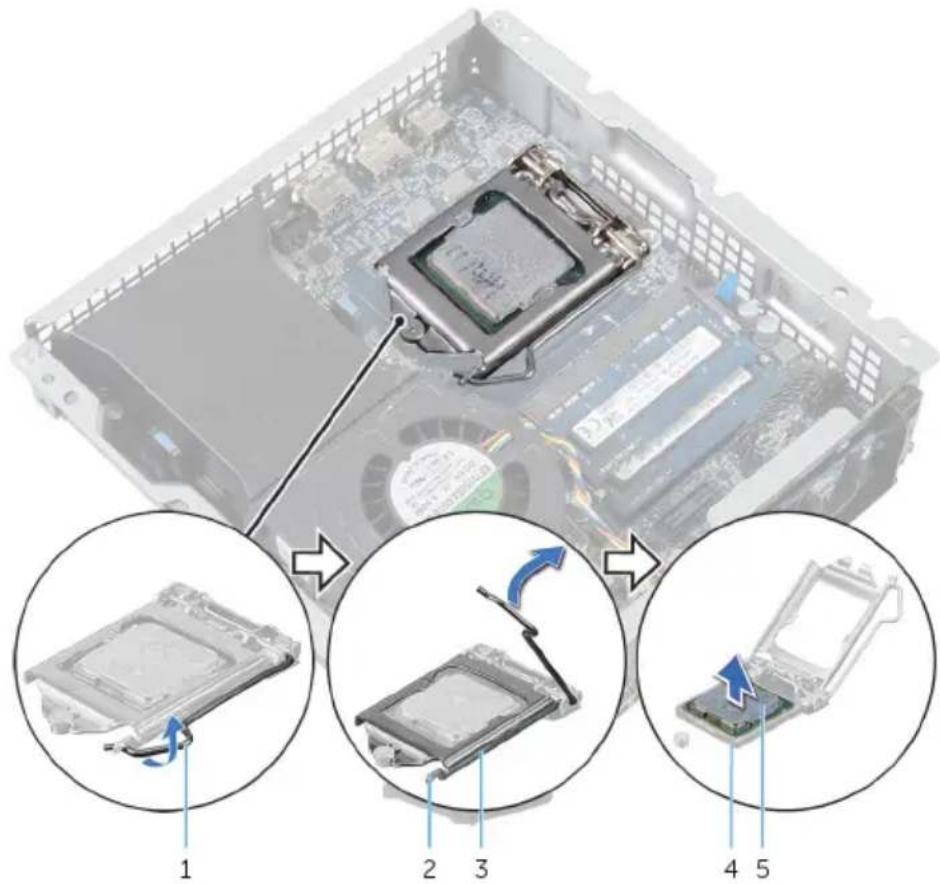 Diagram showing CPU socket installation process with five circular insets illustrating the connection between components