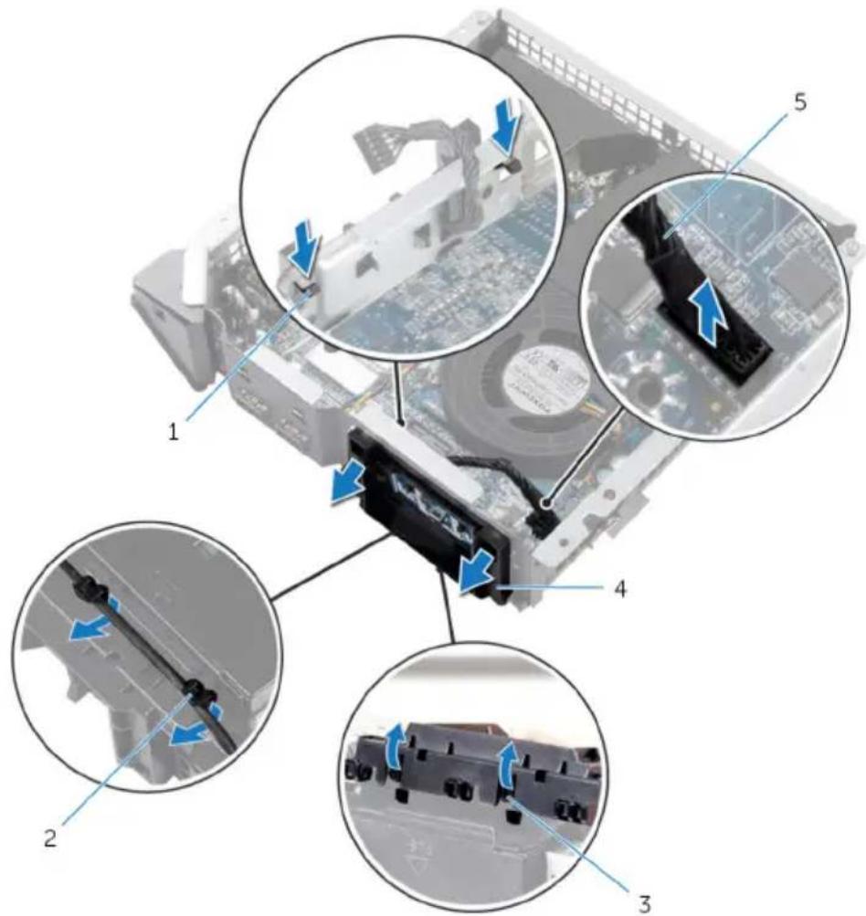 Technical diagram of a computer motherboard with numbered components and blue arrows indicating motion or assembly steps.