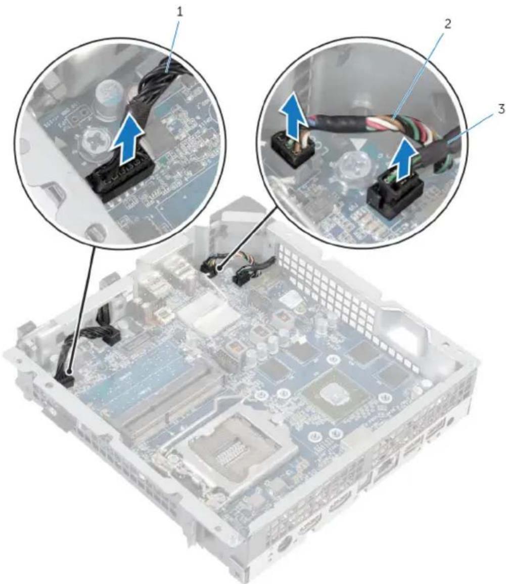 Diagram showing three views of a computer motherboard with labeled components and blue arrows indicating cable or wiring connections.