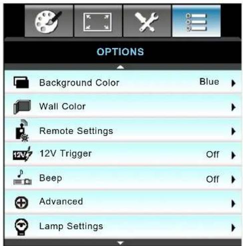 OPTIONS Background Color Blue Wall Color Remote Settings 12V Trigger Off Beep Off Advanced Lamp Settings