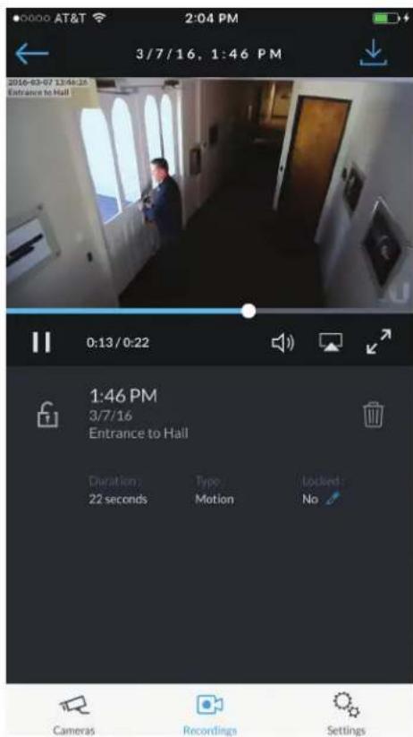 0:13/0:22 1:46 PM 3/7/16 Entrance to Hall Duration: 22 seconds Type: Motion Locked: No Cameras Recordings Settings