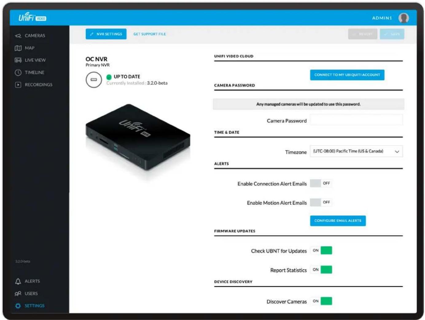 UniFi VIDEO CAMERAS MAP LIVE VIEW TIMELINE RECORDINGS NVR SETTINGS GET SUPPORT FILE REVERT HAYS OC NVR Primary NVR UP TO DATE Currently Installed : 3.2.0-beta UNIFI VIDEO CLOUD CONNECT TO MY UBQUITI ACCOUNT CAMERA PASSWORD Any managed cameras will be updated to use this password. Camera Password TIM…