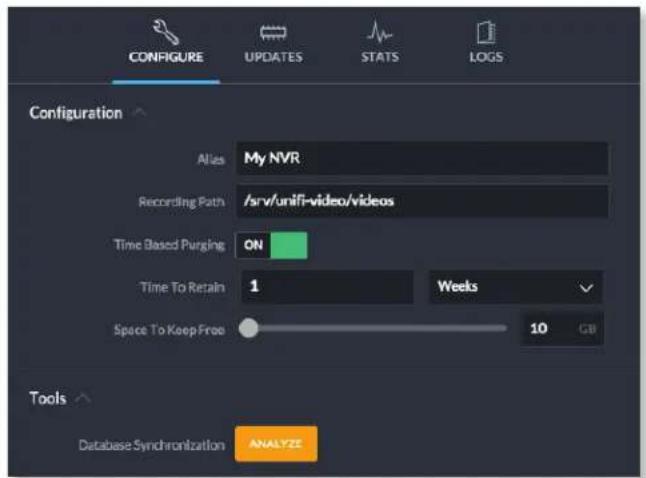 CONFIGURE UPDATES STATS LOGS Configuration Alias My NVR Recording Path /srv/unifi-video/videos Time Based Purging ON Time To Retain 1 Weeks Space To Keep Free 10 GB Tools Database Synchronization ANALYZE