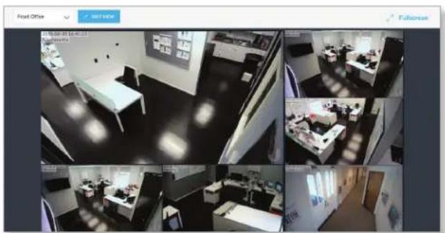 Grid of six grayscale office interior photos showing various workstations and ceiling fixtures (no visible text or symbols)