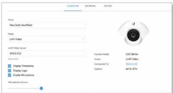 CONFIGURE NETWORK SYSTEM Name New Suite SouthEast Mode Unit Video UnitVideo Server 100.2.112 Connected Display Timestamp Display Logo Enable Microphone Microphone Volume Camera Model UVC Dome Music Unit Video Connected To: 100.2.112 Typing 6d 3h 27m
