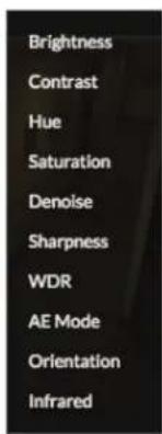 Brightness Contrast Hue Saturation Denoise Sharpness WDR AE Mode Orientation Infrared