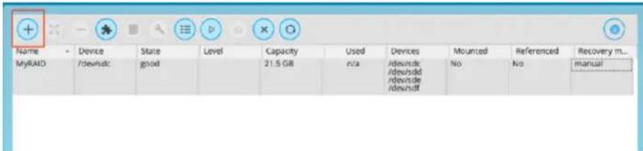 Name Device State Level Capacity Used Devices Mounted Referenced Recovery m... MyRAID /dev/sdc good 21.5 GB n/a /dev/sdc/dev/sdd/dev/sde/dev/sdf No No manual