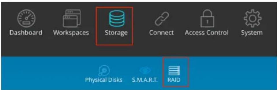 Dashboard Workspaces Storage Connect Access Control System Physical Disks S.M.A.R.T. RAID