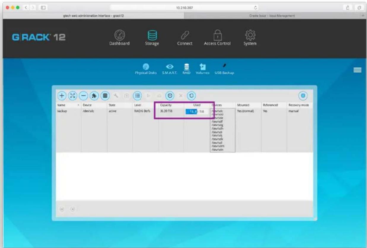 gtech web administration Interface - grac12 G RACK 12 Dashboard Storage Connect Access Control System Physical Docks S.M.A.R.T. RAID Volumes USB Backup Name Device State Level Capacity Used Devices Mounted Referenced Recovery mode backup /dev/sdc active RAID6 Btrfs 36.39 TIB 18.17 TIB Yes (normal) Yes manual Capacity Used Devices New/sdk New/sdk New/sdk New/sdk New/sdk New/sdk New/sdk New/sdk New/sdk New/sdk New/sdk New/sdk New/sdk New/sdk New/sdk New/sdk New/sdk New/sdk New/sdk New/sdk New/sdk New/sdk New/sdk New/sdk New/sdk New/sark New/sdk New/sdk New/sdk New/sdk New/sdk New/sdk New/sdk New/sdk New/sdk New/sdk New/sdk New/sdk New/sdk New/sdk New/sdk New/sdk New/sdk New/sdk New/sdk New/sdk New/sdk New/sdk New/sdk New/sdk New/ssk New/ssk New/ssk New/ssk New/ssk New/ssk New/ssk New/ssk New/ssk New/ssk New/ssk New/ssk New/ssk New/ssk New/ssk New/ssk New/ssk New/ssk New/ssk New/ssk New/ssk New/ssk New/ssk New/ssk New/ssk New/sk New/sk New/sk New/sk New/sk New/sk New/sk New/sk New/sk New/sk New/sk New/sk New/sk New/sk New/sk New/sk New/sk New/sk New/sk New/sk New/sk New/sk New/sk