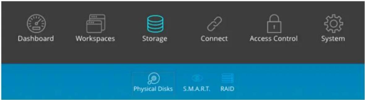 Dashboard Workspaces Storage Connect Access Control System Physical Disks S.M.A.R.T. RAID