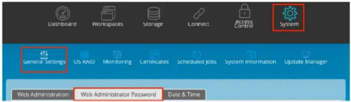 Dashboard Workspaces Storage Connect Access Control System General Settings OS RAID Monitoring Certificates Scheduled Jobs System Information Update Manager Web Administration Web Administrator Password Date & Time