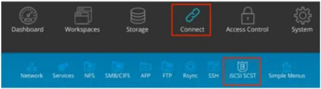 Dashboard Workspaces Storage Connect Access Control System Network Services NFS SMB/CIFS AFP FTP Rsync SSH iSCSI SCST Simple Menus
