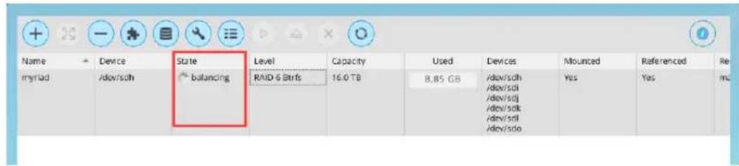 Name Device State Level Capacity Used Devices Mounted Referenced myriad /dev/sch balancing RAID-6 Btrfs 16.0 TB 8.85 GB /dev/sch /dev/sdl /dev/scl /dev/scl /dev/sdl /dev/sdo Yes Yes Re mL
