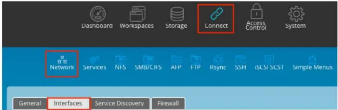 Dashboard Workspaces Storage Connect Access Control System Network Services NFS SMB/CIFS AFP FTP Rsync SSH iSCSI SCST Simple Menus General Interfaces Service Discovery Firewall
