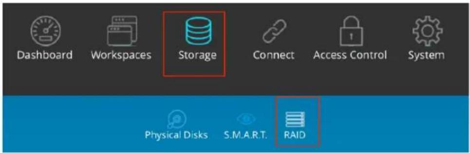Dashboard Workspaces Storage Connect Access Control System Physical Disks S.M.A.R.T. RAID