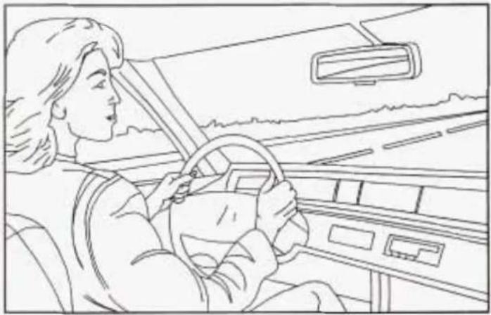 Line drawing of a person driving a car with steering wheel and dashboard (no text or symbols)