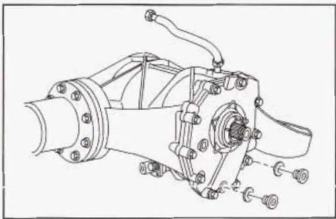 Technical line drawing of a mechanical assembly with flanged components and bolts (no text or symbols)