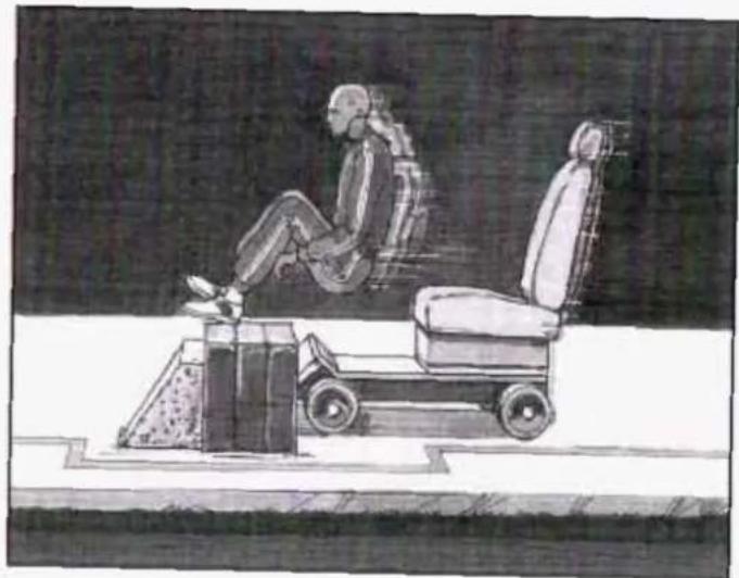 Illustration of a person using a scooter on a platform, with no visible text or symbols