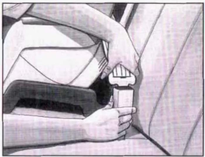 Illustration of hands adjusting a seatbelt buckle (no text or symbols visible)