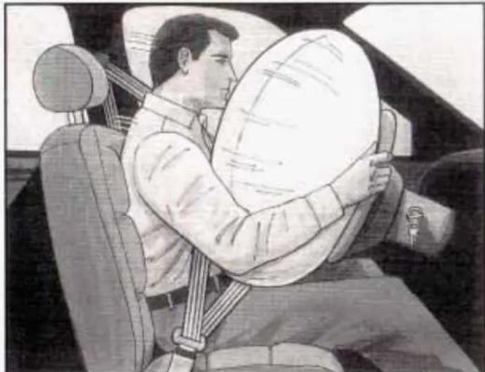 Interior view of a car showing a person seated in a seat bearing a large circular object, no visible text or symbols