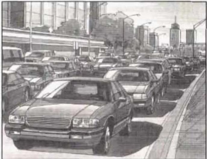 Black-and-white sketch of a busy urban street with multiple cars parked in line, modern buildings and streetlights in the background (no visible text or signage)