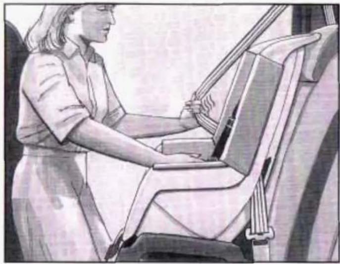 Illustration of a woman seated in a chair using a steering wheel (no text or symbols visible)