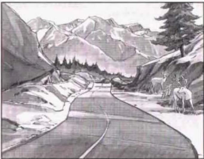 Black-and-white sketch of a winding mountain road leading to snow-capped peaks and a deer, with pine trees in the background (no text or symbols)