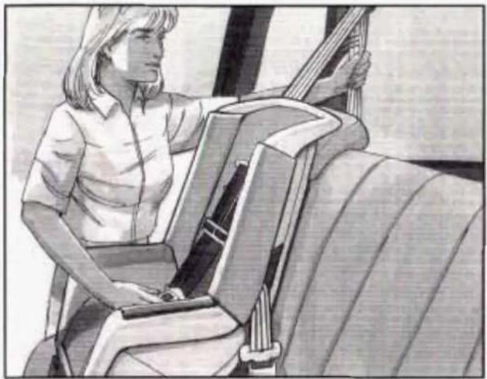 Illustration of a person seated in a car seatbelt, holding a chair (no text or symbols visible)