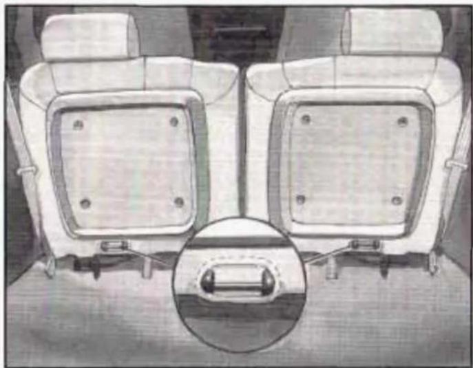 Interior view of a car seat with two seats and a magnified inset showing a small mechanical component (no text or symbols visible)