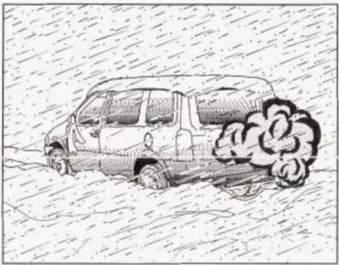 Sketch of a car moving through heavy rain with smoke plumes nearby (no text or symbols)