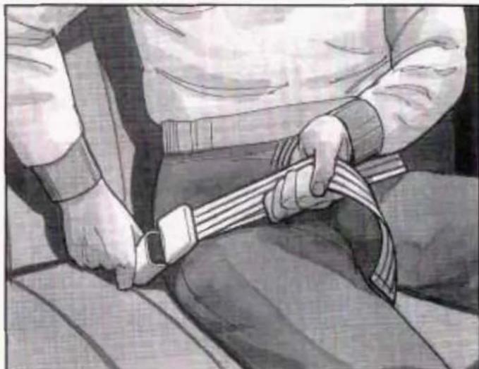 Illustration of a person adjusting a seatbelt, no text or symbols present