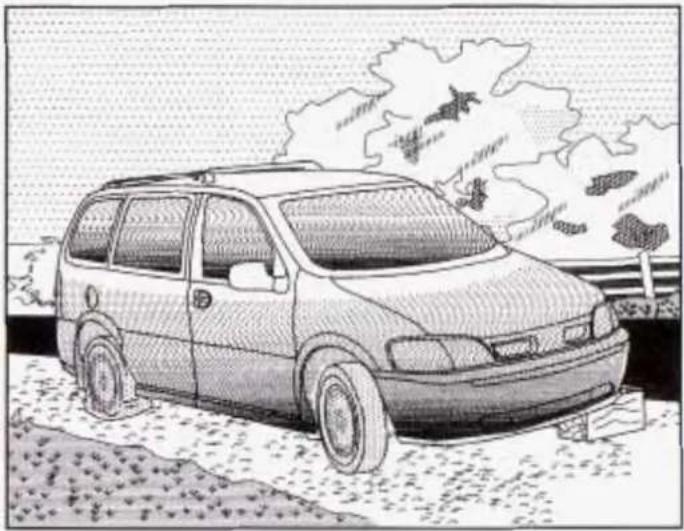 Black-and-white illustration of a car parked outdoors with trees and a fence in the background (no text or symbols)