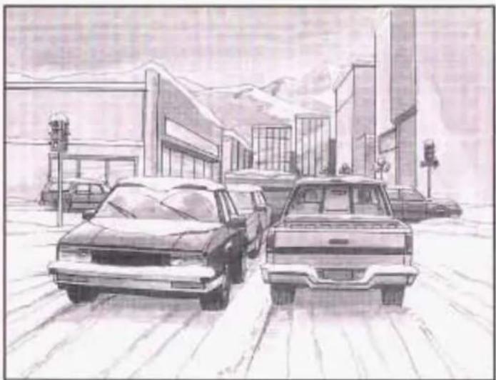 Sketch of a city street with parked cars and modern buildings in the background (no visible text or symbols)