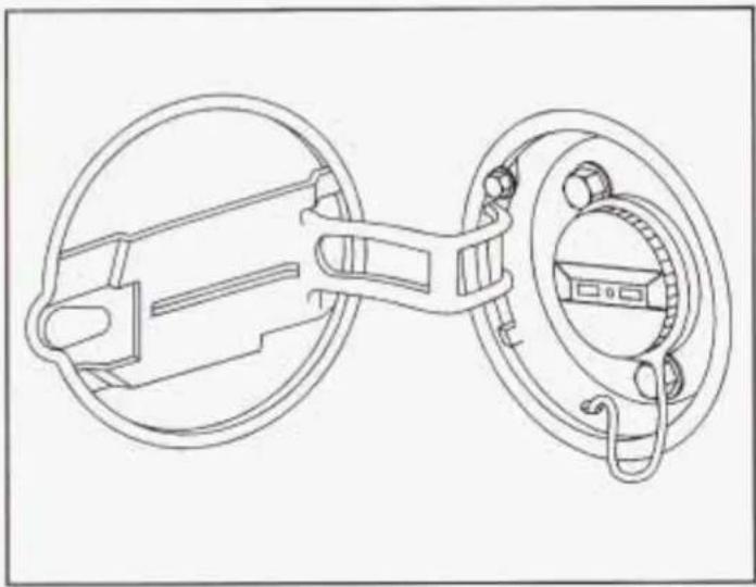 Technical line drawing of a mechanical assembly with two circular components and internal components (no text or symbols)