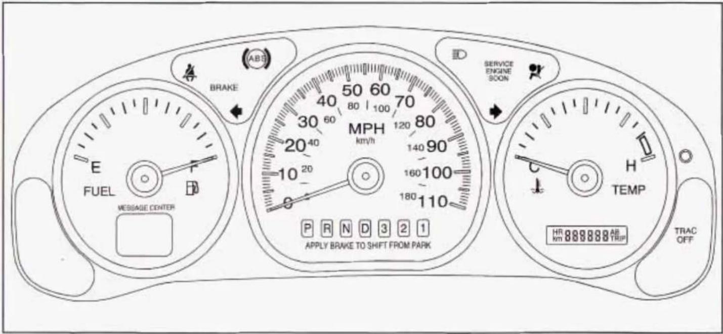 E FUEL MESSAGE CENTER BRAKE ABS MPH km/h 120 80 20 40 10 20 140 90 160 100 180 110 P R N D 3 2 1 APPLY BRAKE TO SHIFT FROM PARK SERVICE ENGINE SOON TEMP H C HR km 888888 AB TRAC OFF