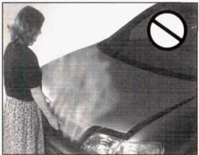Woman cooking at a table with a large smokestack and a no-smoking symbol (no text or numbers present)