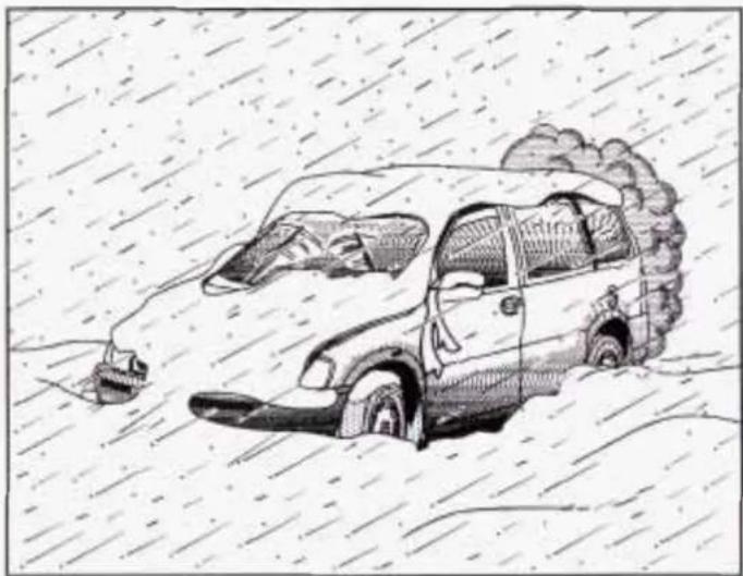 Cartoon illustration of a damaged car with smoke plumes in the rain (no text or symbols)