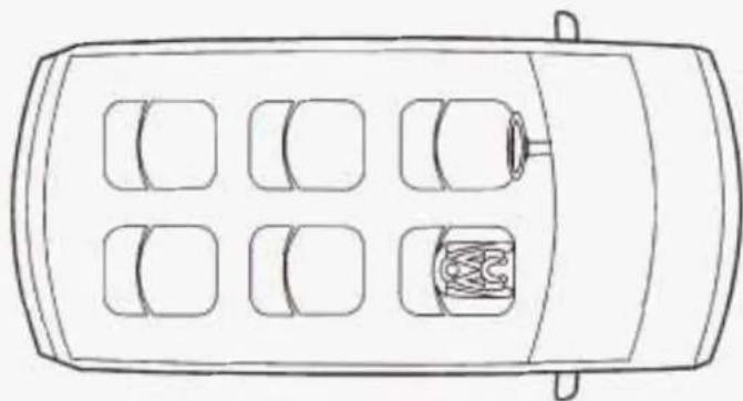Top-down line drawing of a car with six windows and one car slot (no text or symbols)