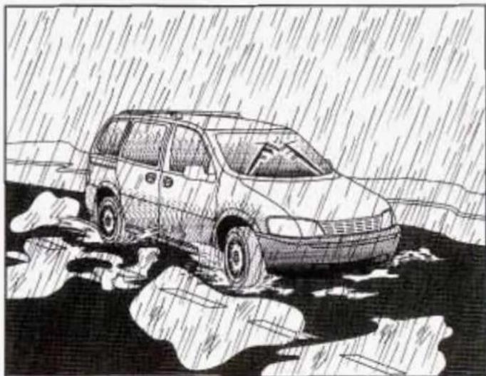 Black-and-white illustration of a car partially submerged in water, no text or symbols present