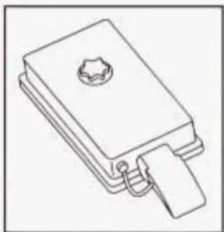 Line drawing of a mechanical component with a central knob and attached clip (no text or symbols)