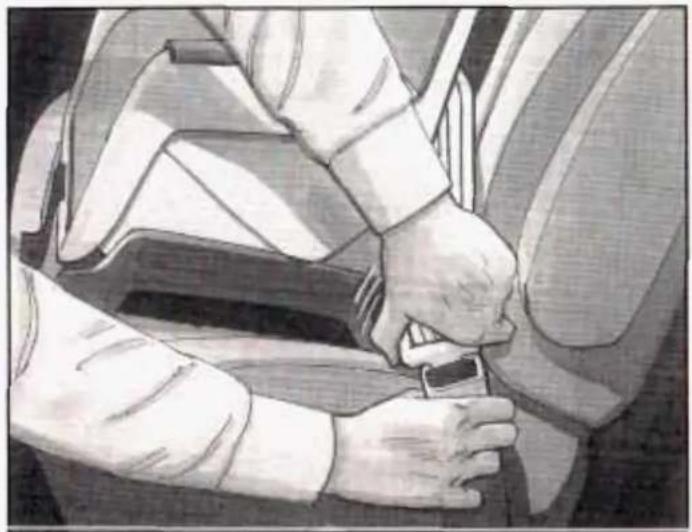 Close-up illustration of a person's seatbelt being adjusted for a car (no text or symbols visible)