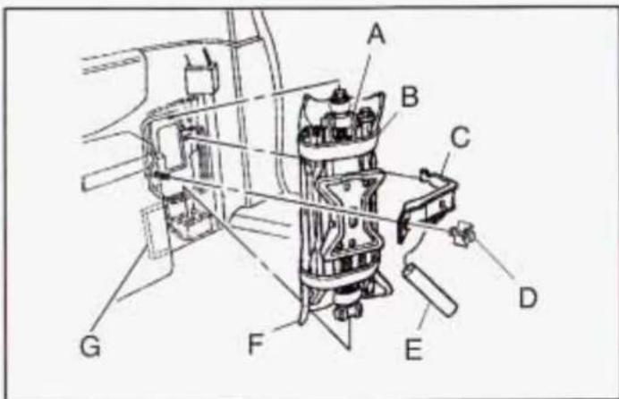 Technical diagram of a mechanical assembly with labeled components A through G