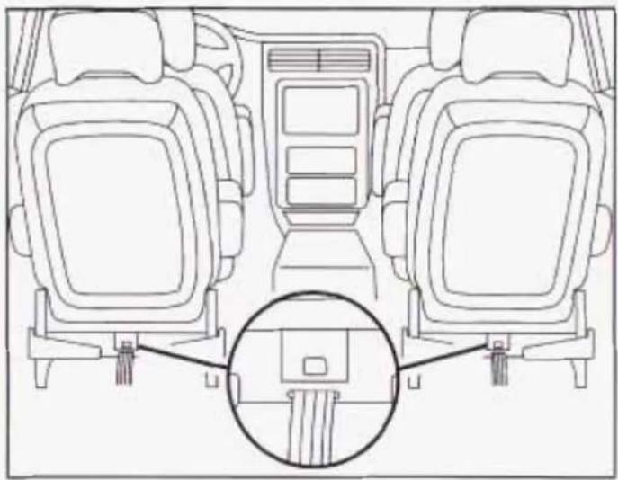 Top-down line drawing of a car interior showing two seats with seat covers and a central dashboard, plus an inset close-up of the dashboard seat (no text or symbols)