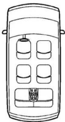 Line drawing of a vehicle front view with six compartments and a central handle (no text or symbols)