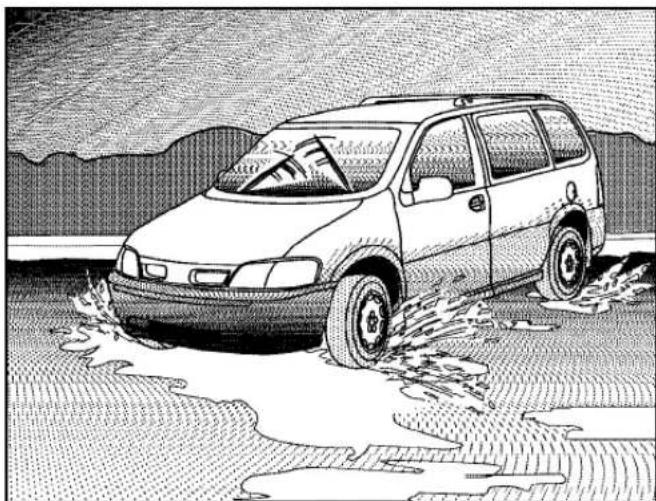 Cartoon illustration of a car driving through water, creating splashes (no text or symbols)