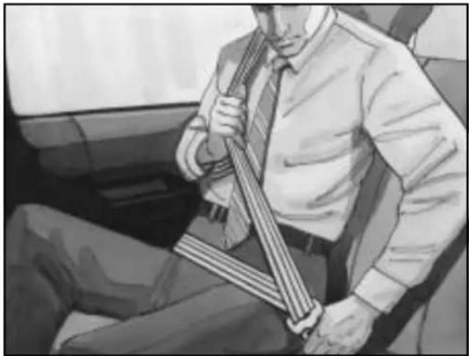 Illustration of a man sitting in a car, holding a seatbelt (no text or symbols visible)