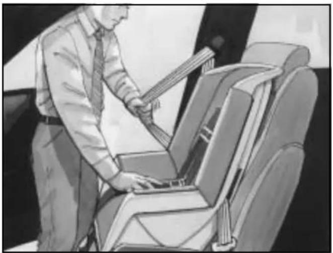 Illustration of a person adjusting a seatbelt inside an airplane seat (no text or symbols visible)