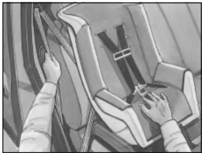 Illustration of hands installing or adjusting a vehicle's seatbelt (no text or symbols visible)
