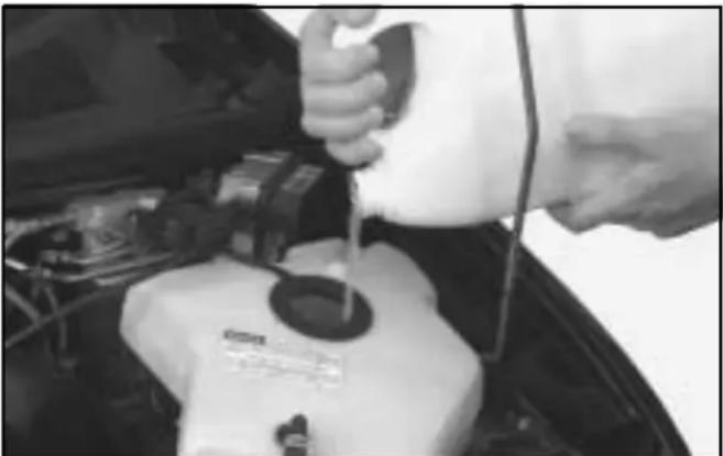 Person pouring liquid into a car hood with a container, no visible text or symbols